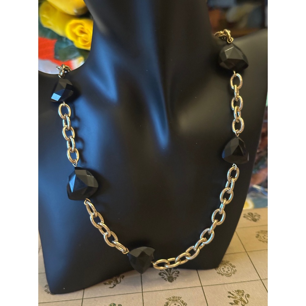 Gold Tone Link Chain Necklace with Faceted Black Geometric Beads 36 Inch